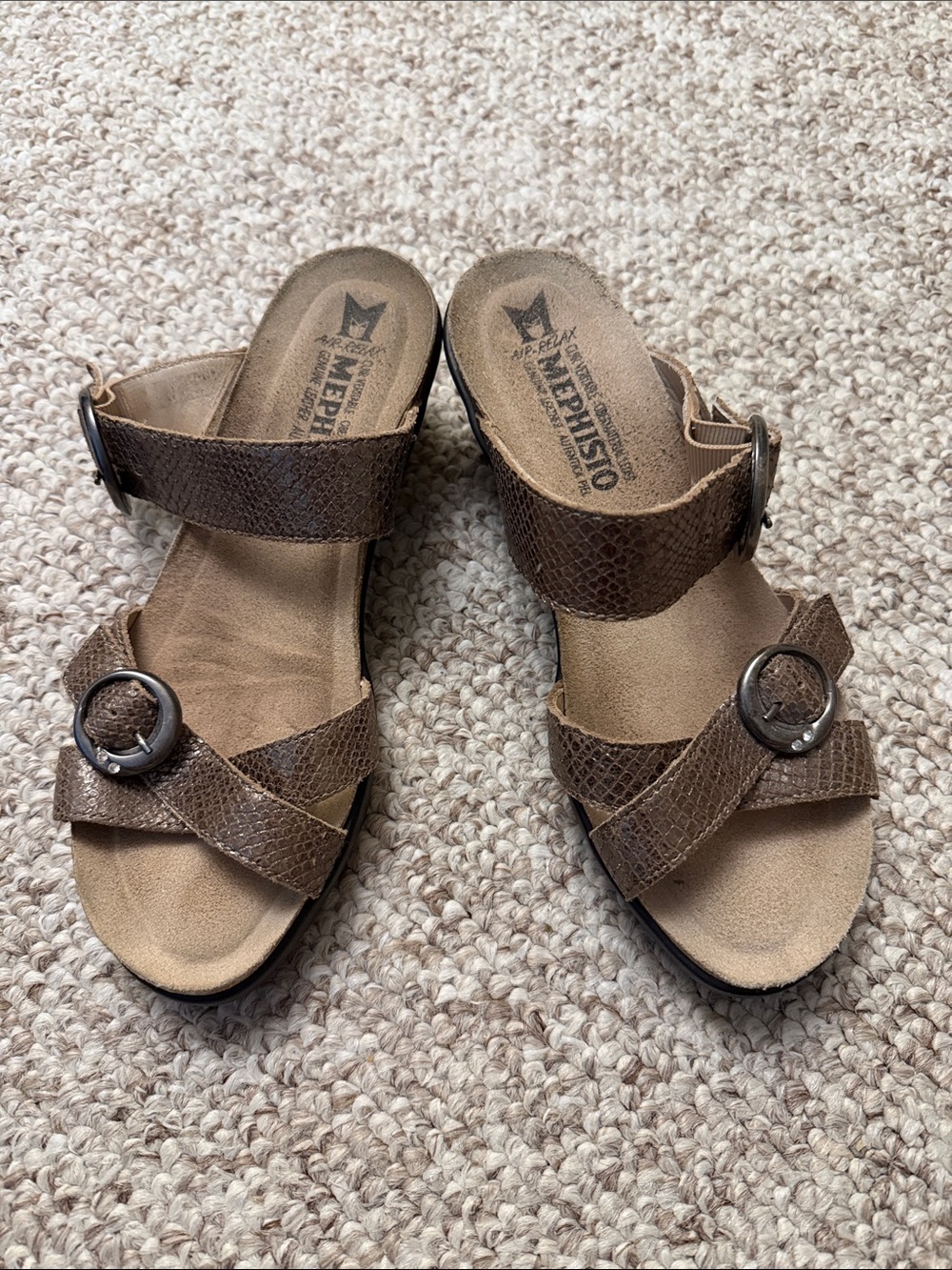 Mephisto Women's Brown Textured Leather Mule Sandals with Buckles